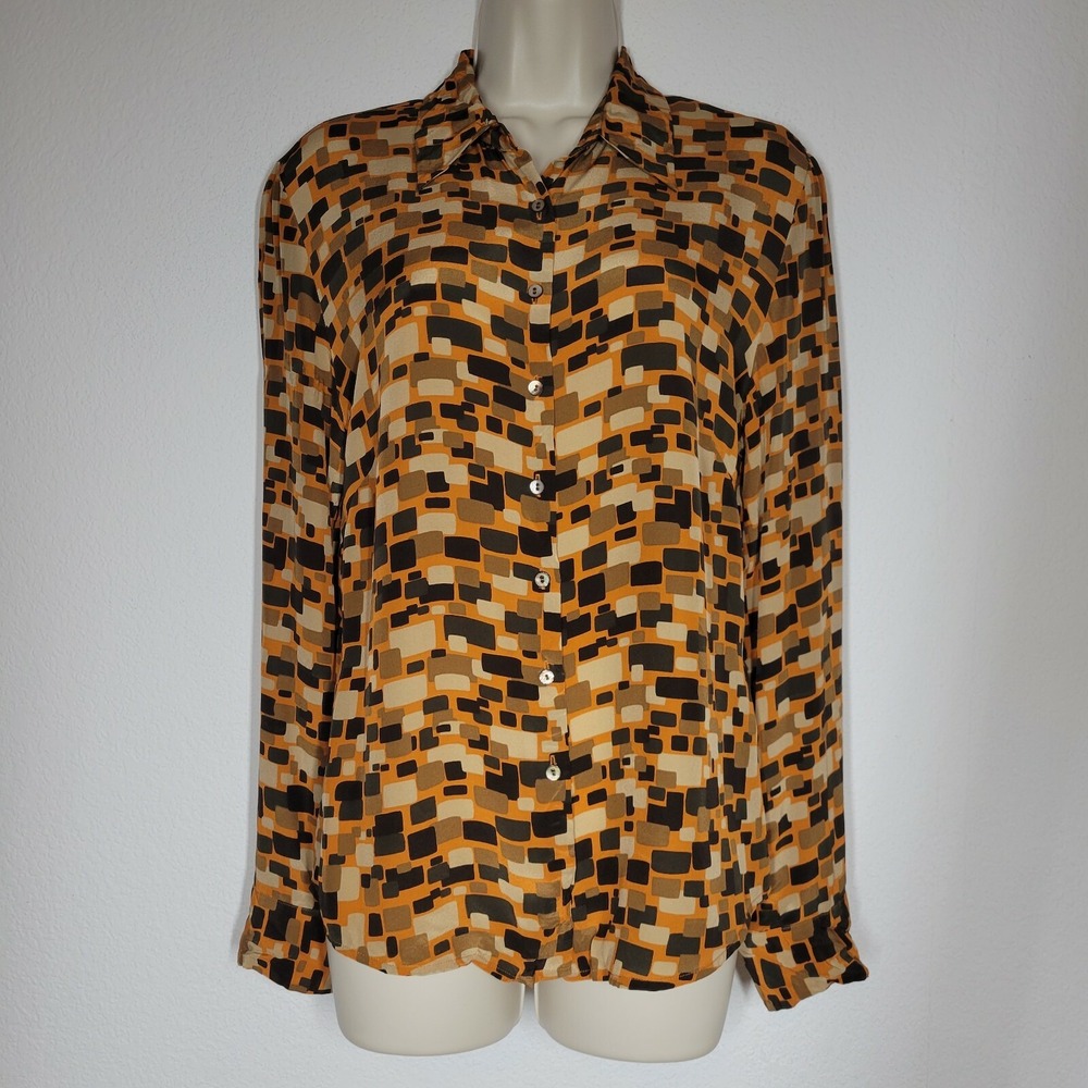Vtg Womens Y2K Size 10 Silk Earth Tones Long Sleeve Blouse Shirt Casual‎ Corner